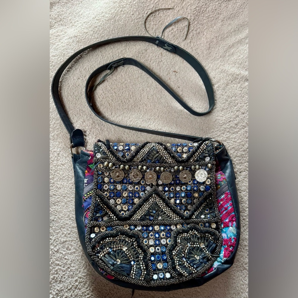FREE PEOPLE Embellished embroidery, coins, beads Navy Women's Bag